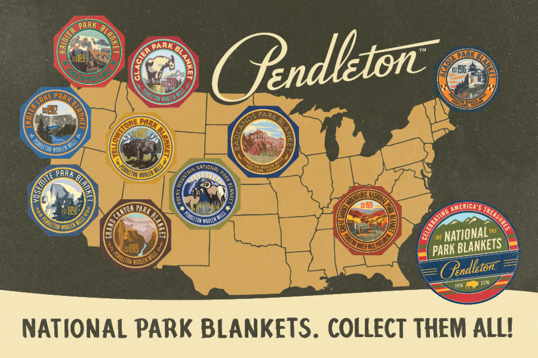 Pendleton postcard of National park badges