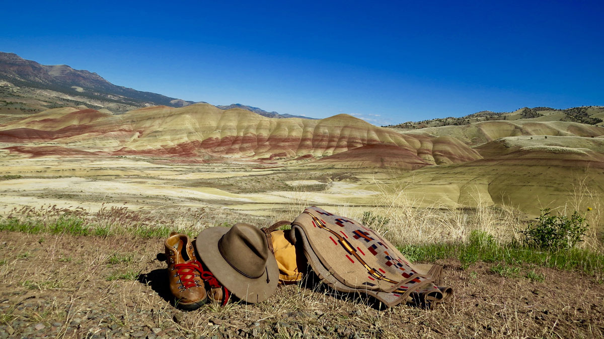 Painted Hills in the A pile of Greg Hatten's gear, including the Painted Hills blanket by Pendleton, at the John Day Fossil Bed National Monument