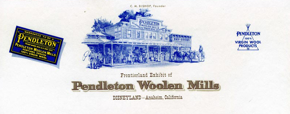 Stationery letterhead for Pendleton WOolen Mills that features a drawing of the Pendleton store in Frontierland.