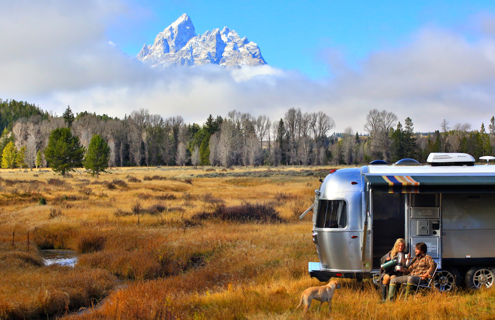 The new Pendleton Airstream camper parked in front of mountains