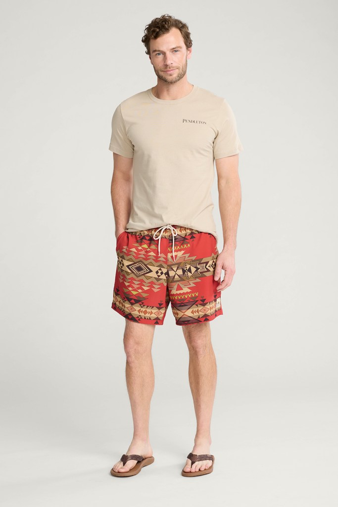 A man wearing a pair of Pendleton swim trunks.