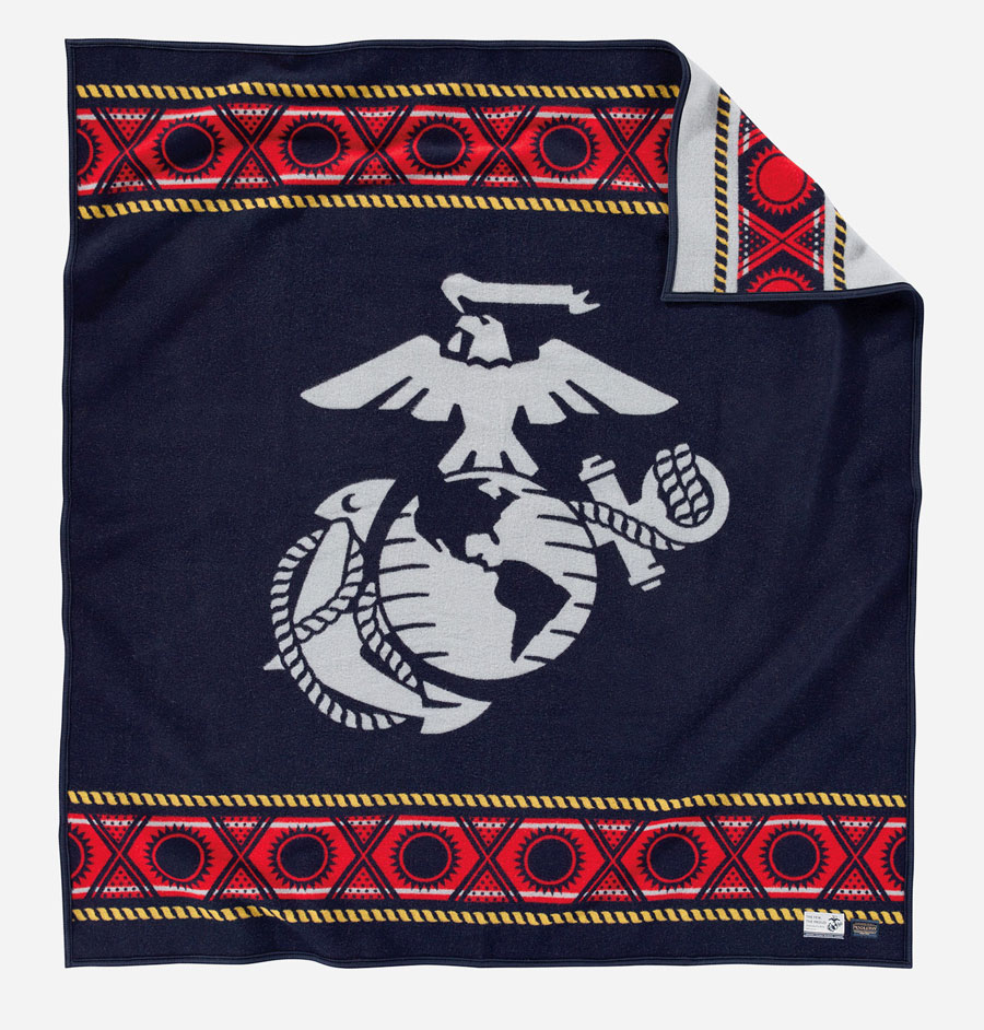 Pendleton Marines blanket featuring the logo of the USMC, red white and blue