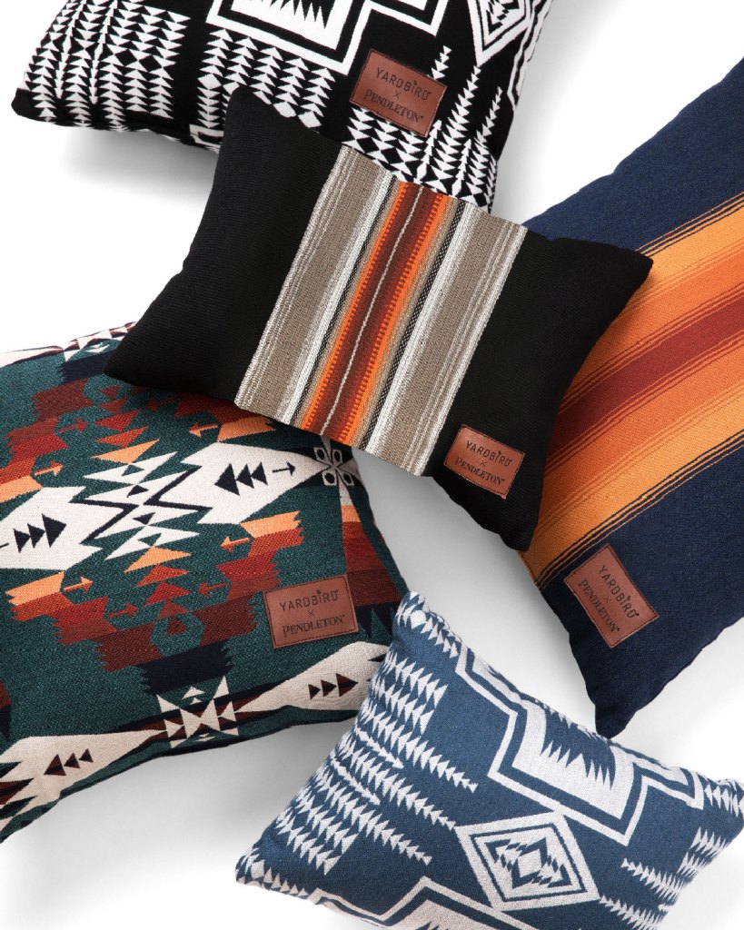 Pillows by Yardbird with Pendleton patterns.