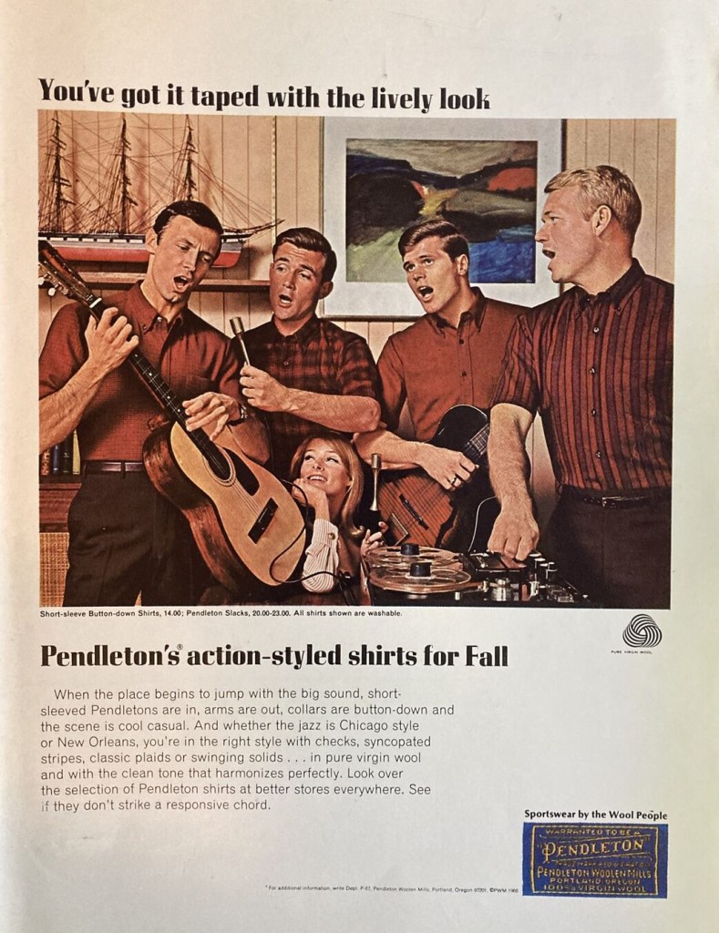 Vintage Pendleton ad from 1966, showing four men playing musical instruments by a reel-to-reel tape recorder, while a woman listens adoringly.