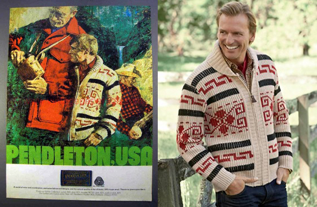 A collage of two photos--one is an ad run by Pendleton in the 1980s that features the tan, red and black version of the Westerley. Next to it is a Pendleton promo photo of a man wearing a remake of this version, leaning against a fence.