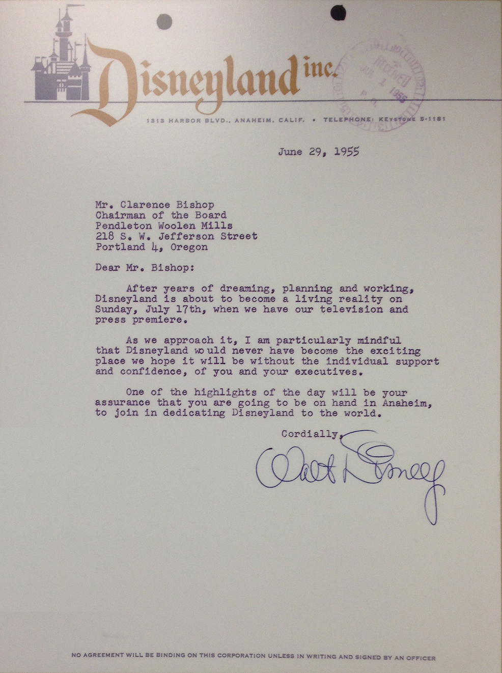 A 1955 letter from Walt Disney to Clarence Morton Bishop.