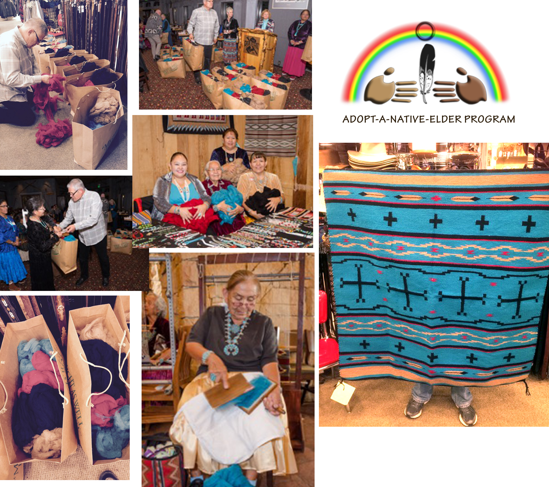 collage of photos showing Native American weavers choosing and carding wool for the contest.