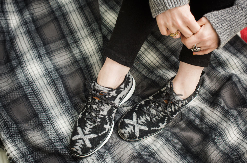 Women's Pendleton shoes in black, white and grey wool, on a grey plaid blanket.