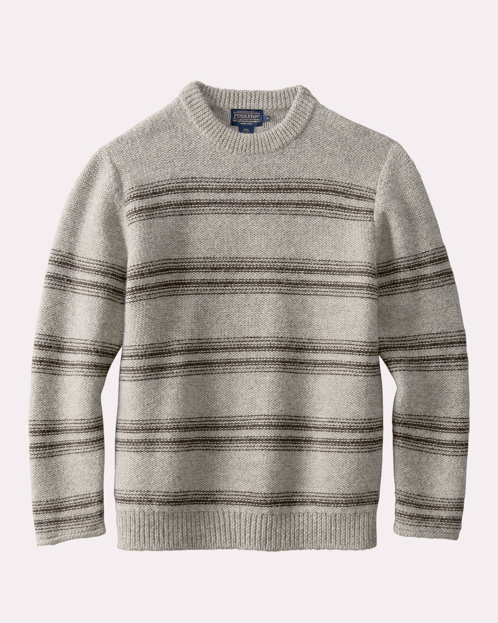 A men's sweater in knit alpaca, in soft grey/beige stripes.