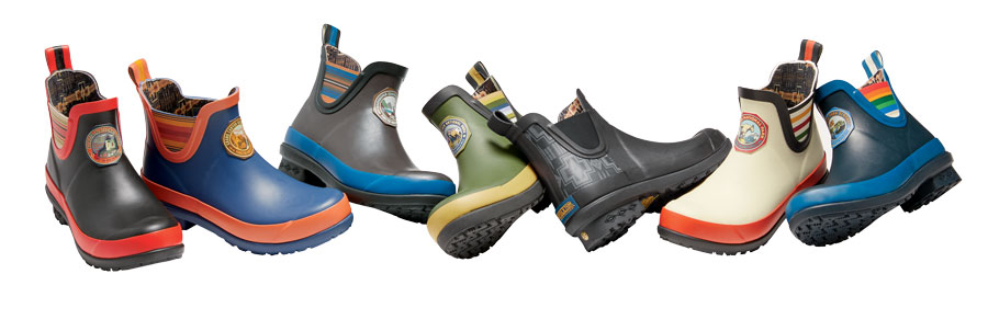 Seven waterproof rain boots with Pendleton national park designs.