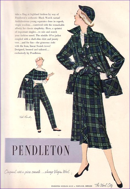 A vintage Pendleton ad that shows a variety of Pendleton wool plaid pieces, including the Pendleton 49'er jacket.