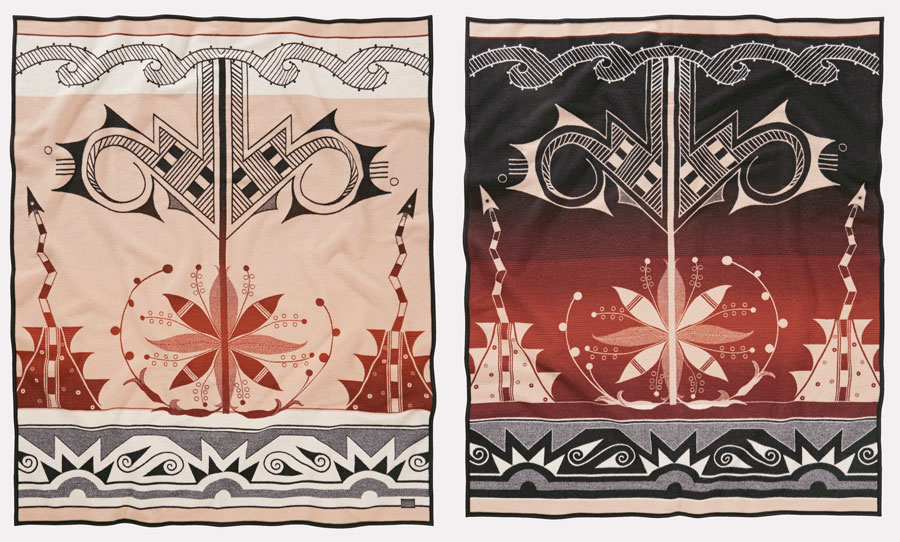 Front and back views of the Center of Creation blanket designed by artist Deborah Jojola, manufactured by Pendleton Woolen Mills.