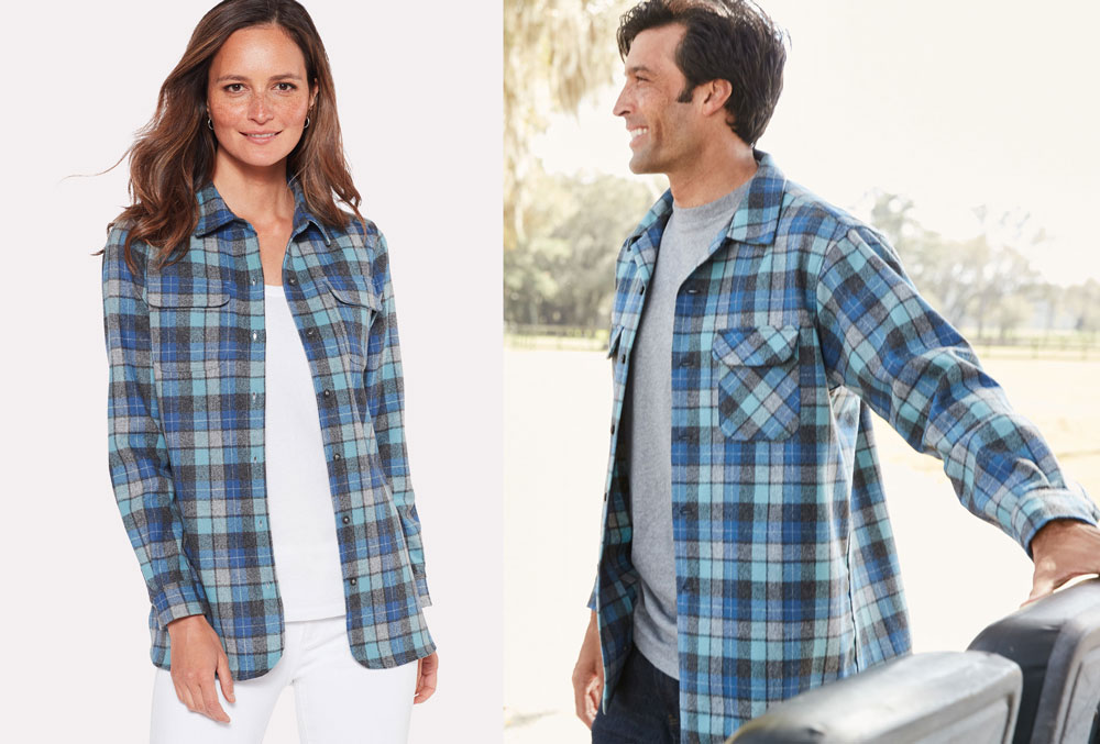 A woman and a man wear Pendleton Board Shirts in Original Surf Plaid.