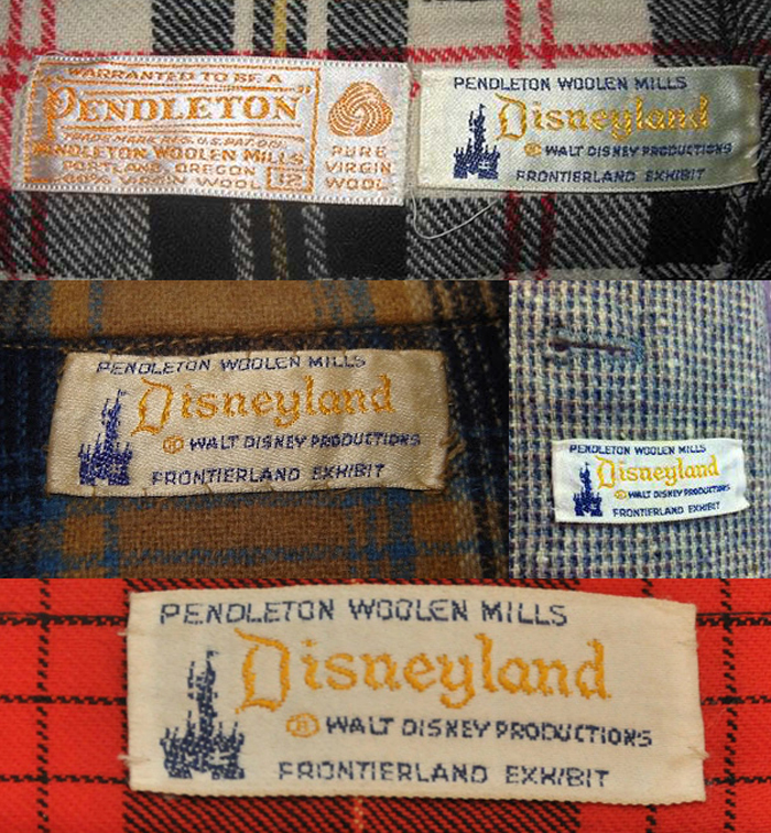 A collage of Pendleton labels that feature the spires of Cinderella's castle and these words: Pendleton WOolen Mills Disneyland (r)alt Disney Productions Frontierland exhibit." This is a special label for products sold at the Pendleton DIsneyland store.