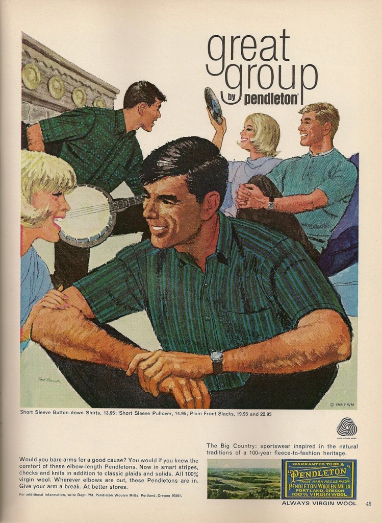 1965 Pendleton shirt add with a man plays a banjo and a woman shakes a tambourine in the background, with a man and woman talking in the foreground.