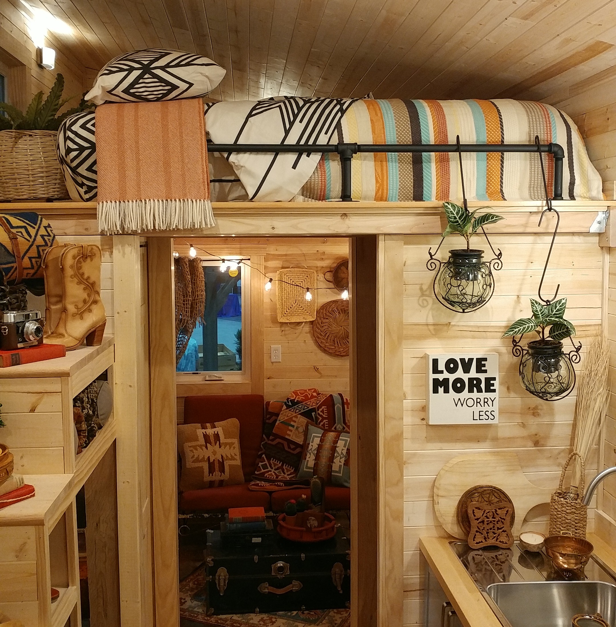 A loft bed in a tiny home.