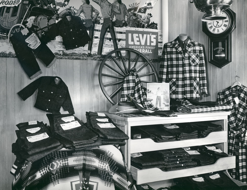 A photo from the Pendleton archives of the Pendleton store in Disneyland: Display with Topster jacket and Levi's