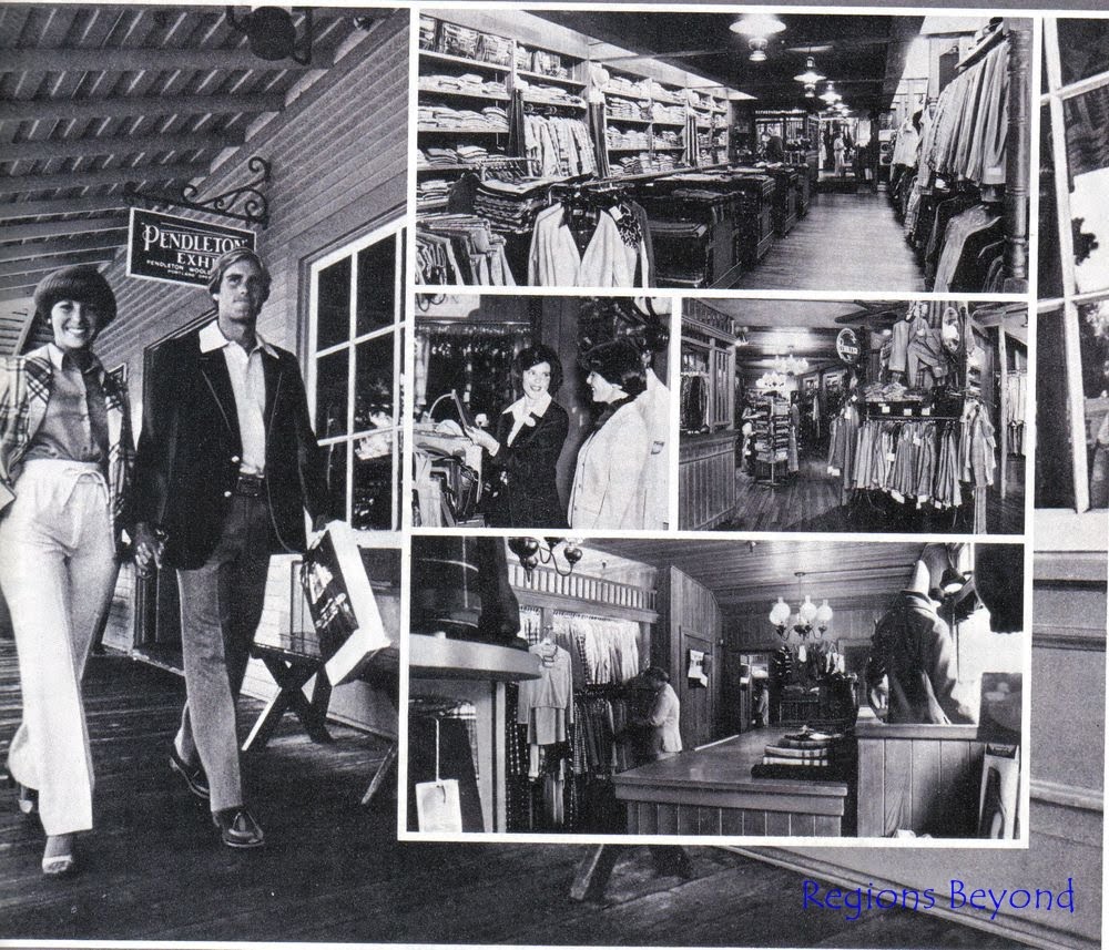 A black and white photo collage that was used in advertising the Pendleton store in Frontierland in the 1980s, showing the Old West interior and racks of merchandise.