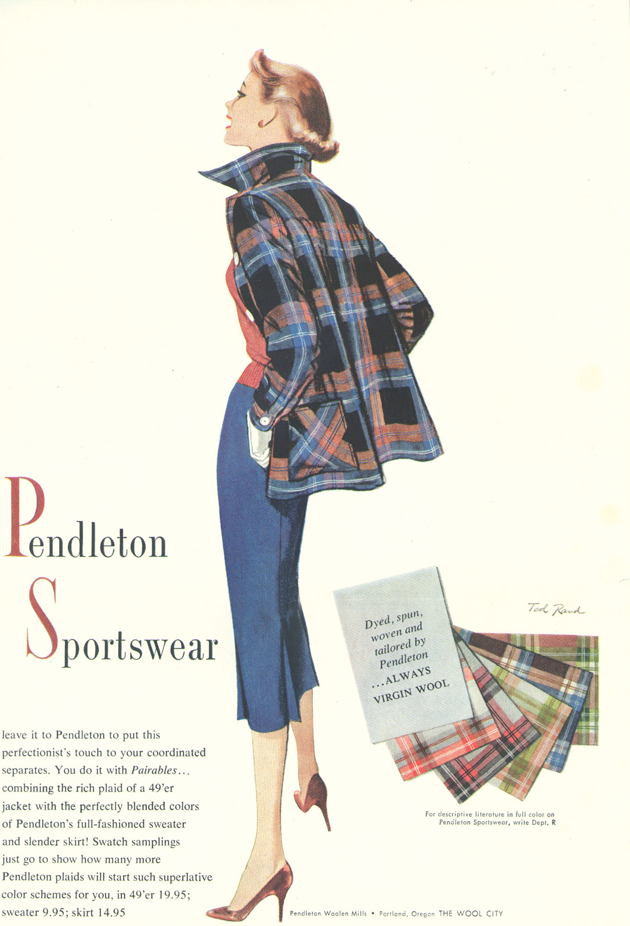 A classic vintage ad for Pendleton sportswear from 1952, featuring a Pendleton 49'er jacket, art by Ted Rand.