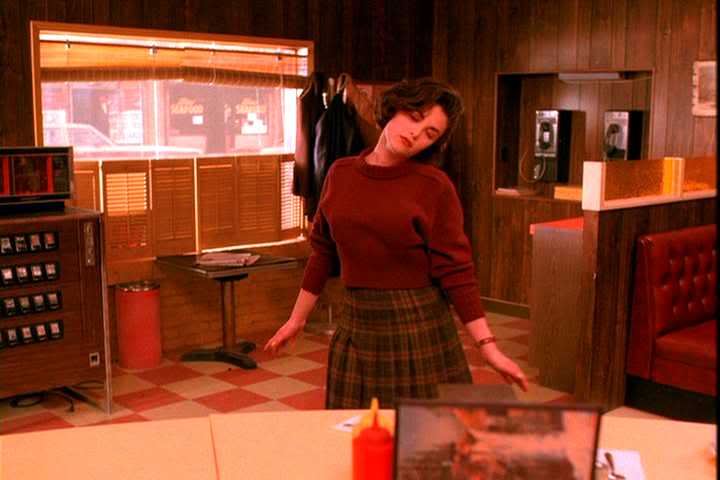 Audrey from Twin Peaks in a Pendleton reversible skirt.