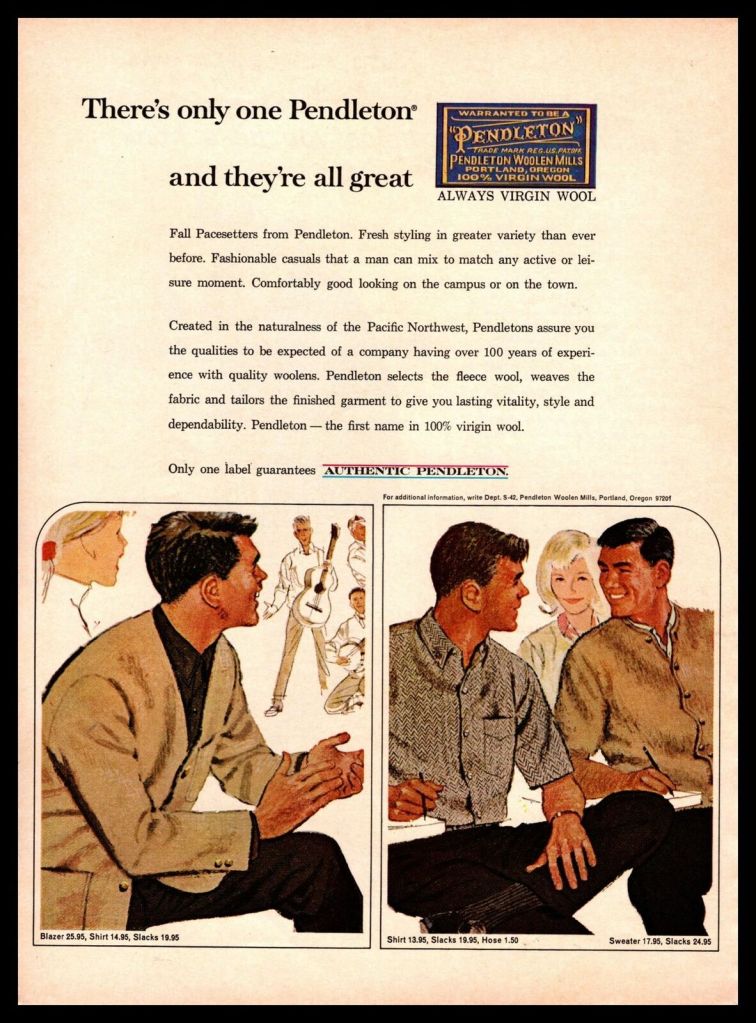 1964 Pendleton Menswear ad with musicians and happy women in the background, and college students in the foreground.