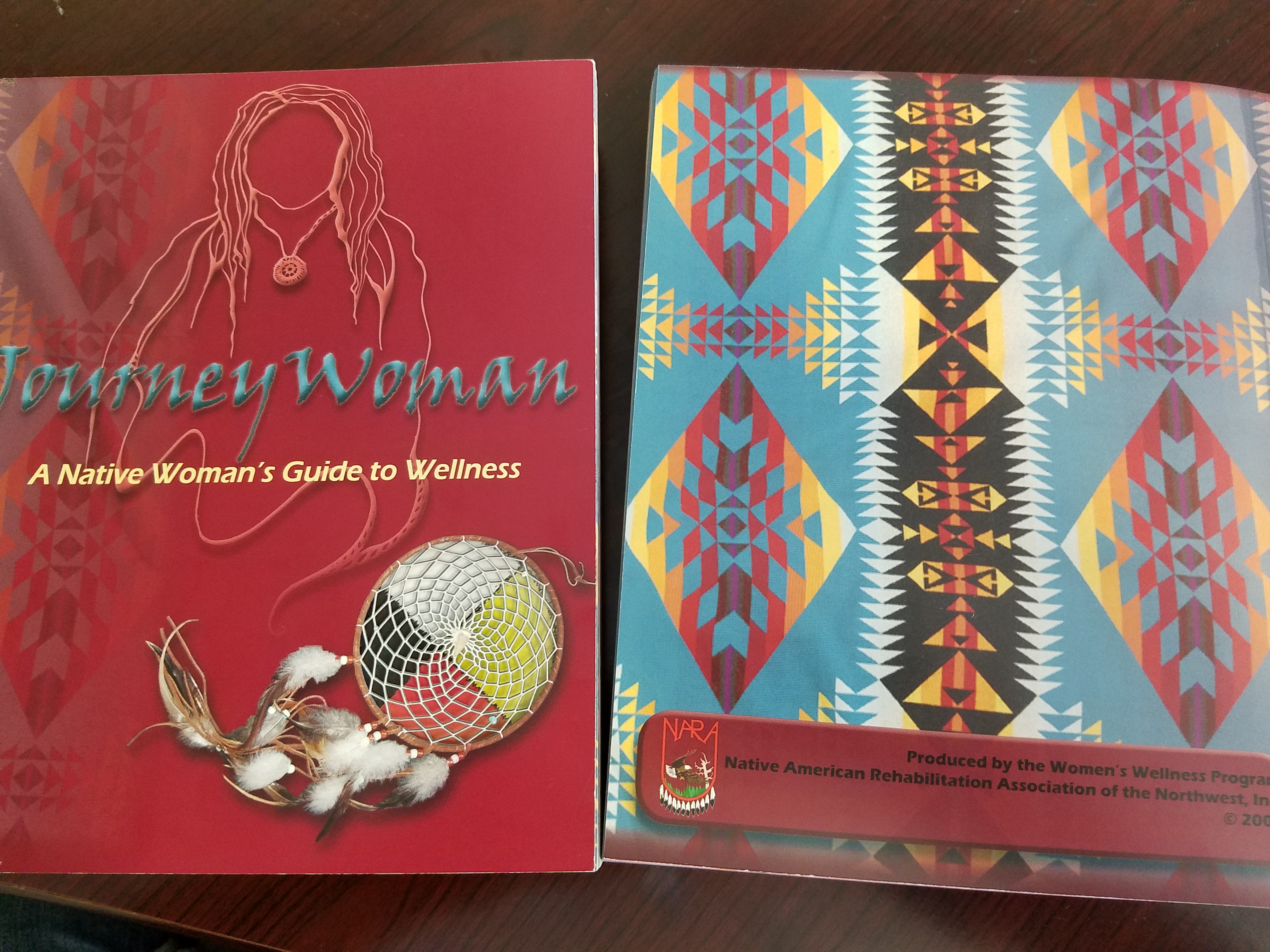 Women's wellness texts distributed by NARA. Pendleton patterns are used with permission in these culturally specific publications that help guide Native American women through health and wellness screenings. 