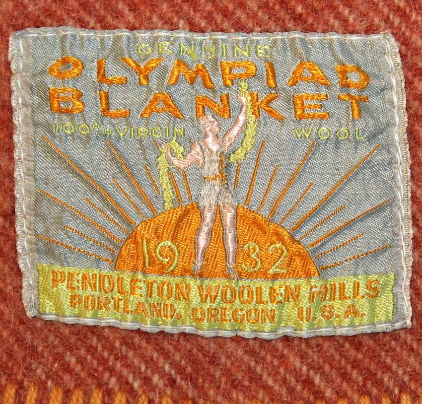 A closeup of the blanket label from the Pendleton Olympiad blanket