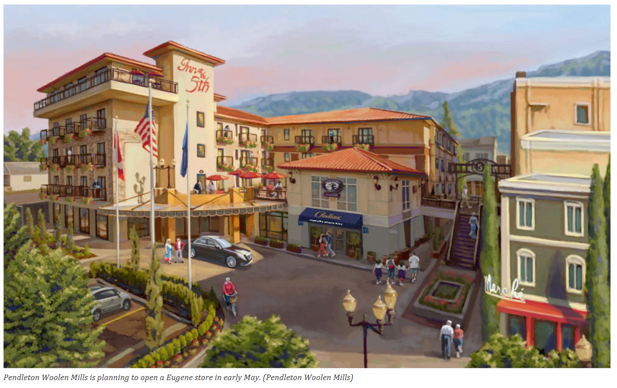 An artist's rendering the Eugene's Inn at the 5th, with surrounding shops.