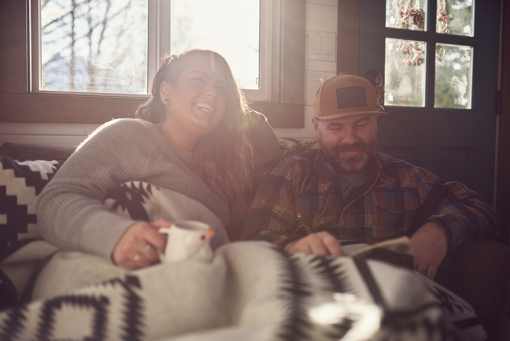 Sean and Tam relax with coffee