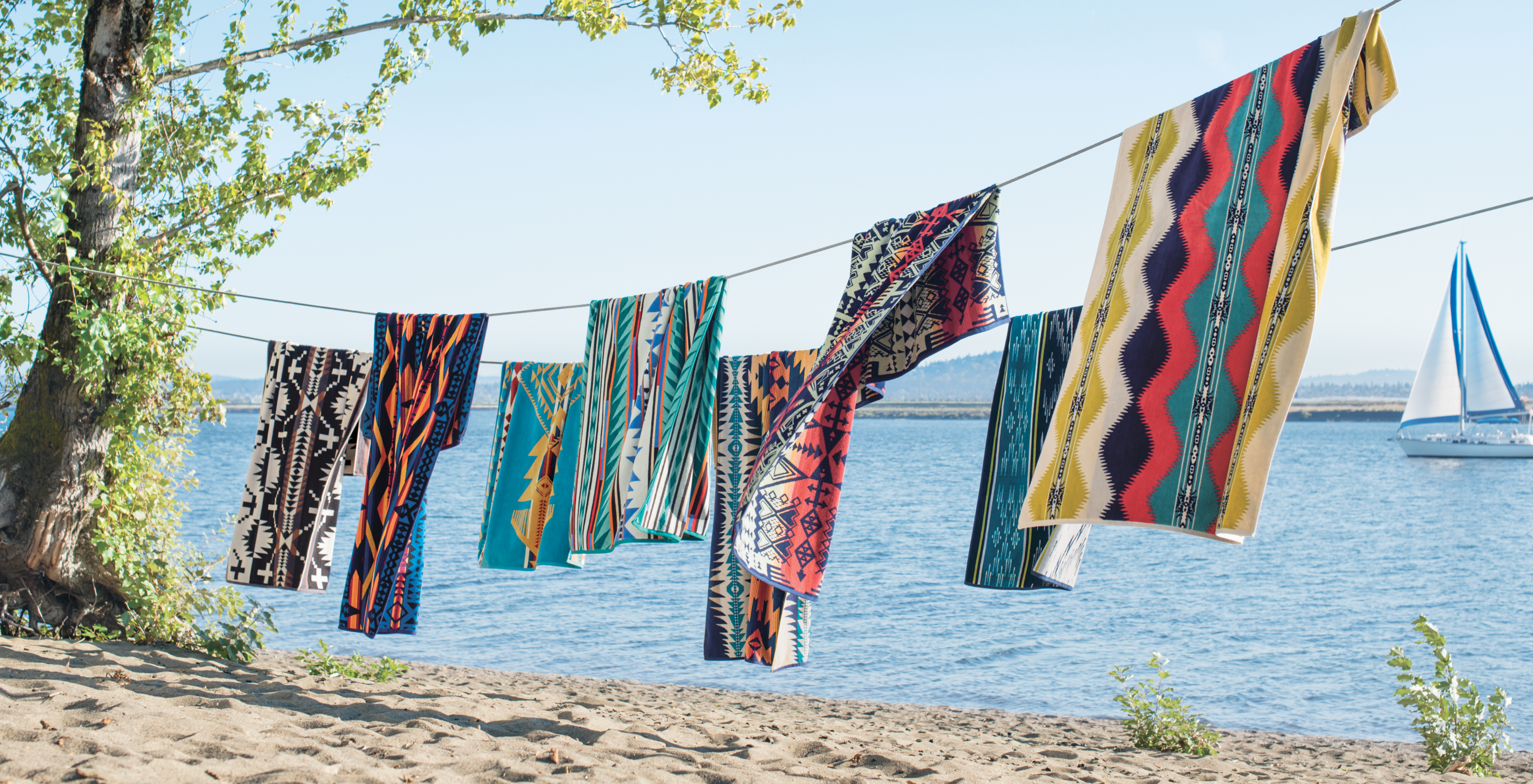 On a clothesline, Pendleton spa towels billow in the breeze.