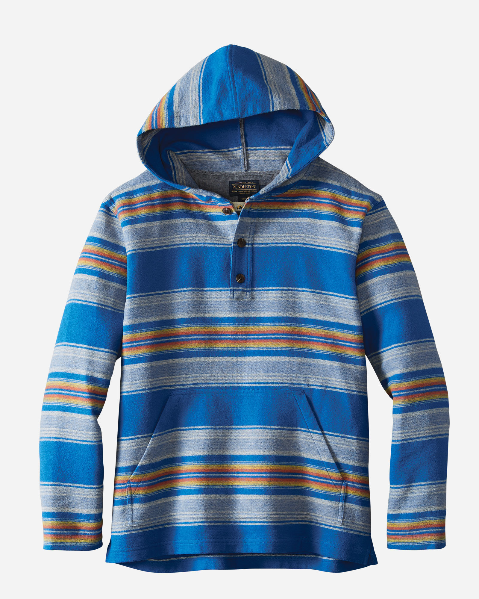 A men's popover shirt in a blue serape stripe.