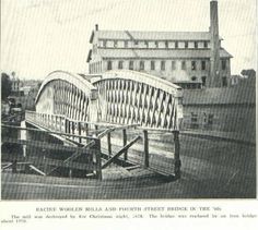 A vintage (and somewhat blurry) historical photo of the Racine Woolen Mill. 