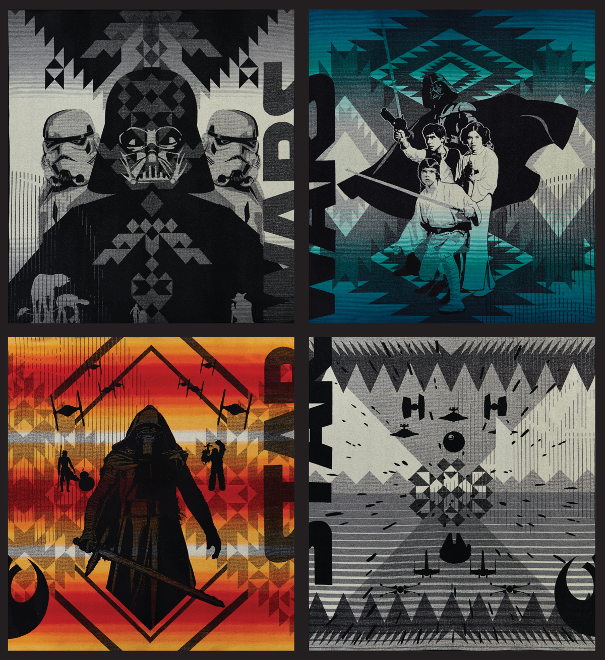 All 4 full-sized Star Wars blankets, shown as a full set.