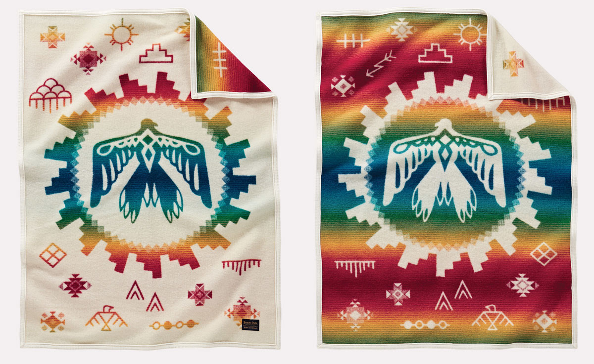 Front and back views of the Sunris Eagle child's blanket by Pendleton, a cream, read, blue, green and gold pattern that shows an eagle at its center. 