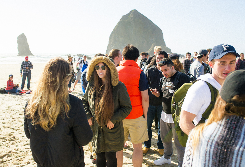 An Instameet crowd gathers at Cannon Beach, Oregon