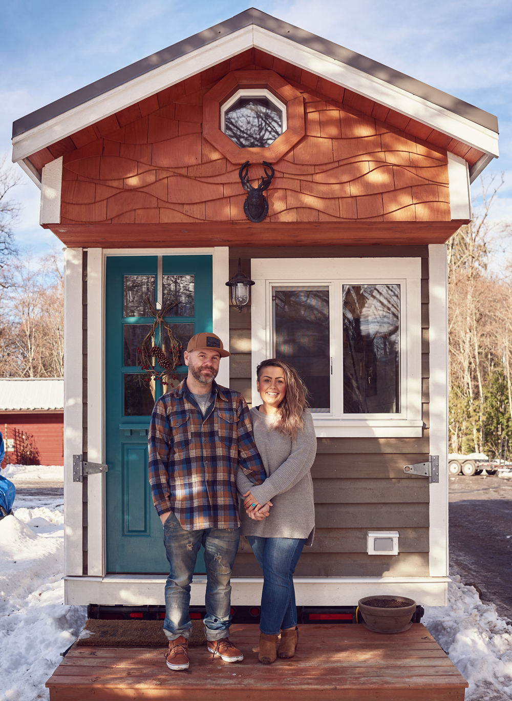 tamara_jaswal photography, Sean and Tam  in front of their tiny home. 