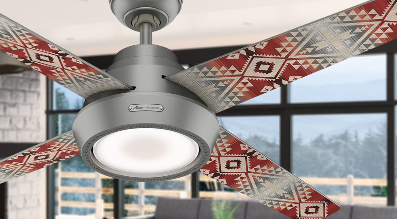 A closeup of the silver Pendleton x Hunter fan that shows the Canyonlands pattern on the fan blades.