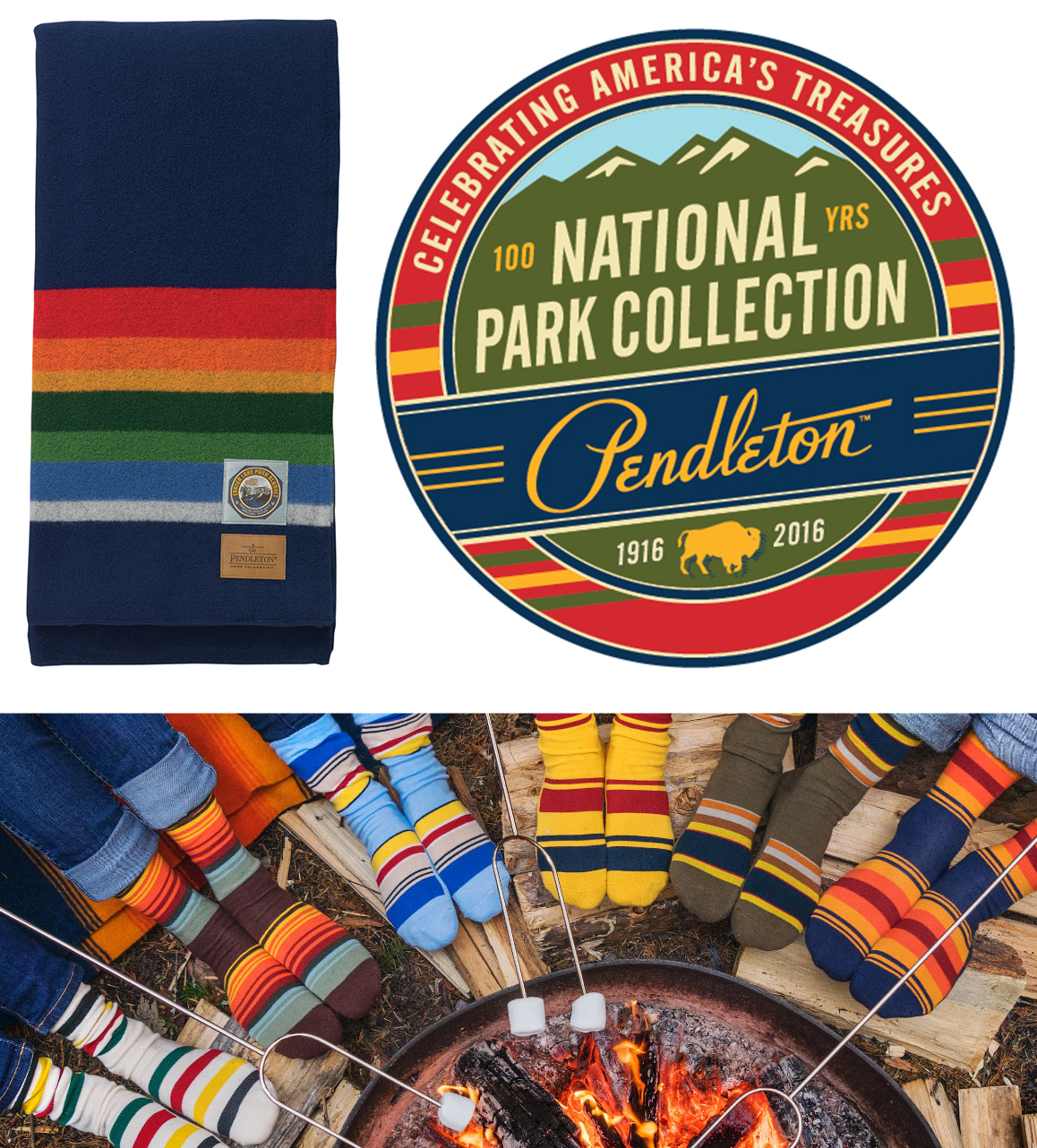 Pendleton national park products: Crater Lake blanket and a group of socks.