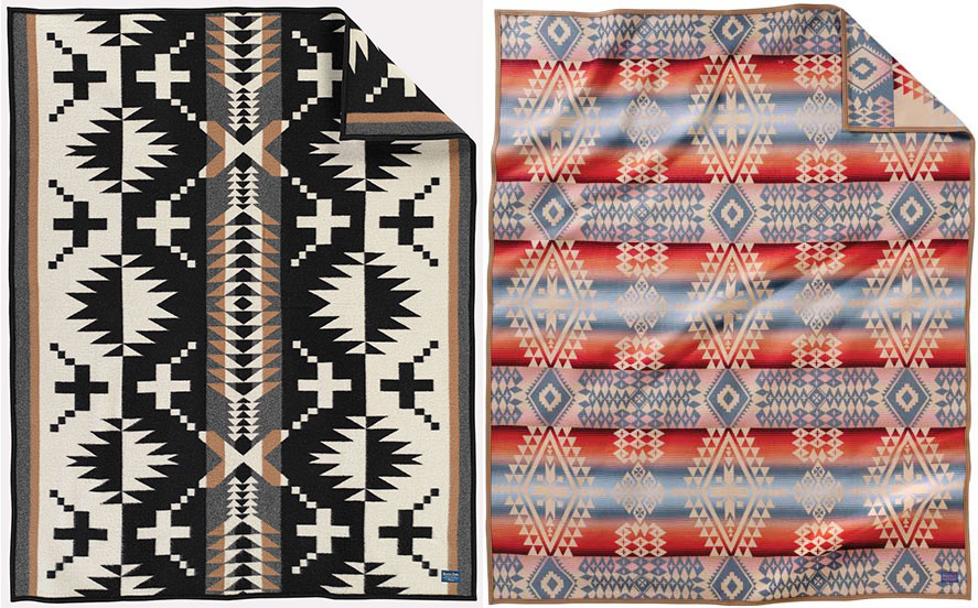 A side-by-side photo of the Pendleton Spider Rock throw to the left, and the Pendleton Canyonlands blanket to the right.