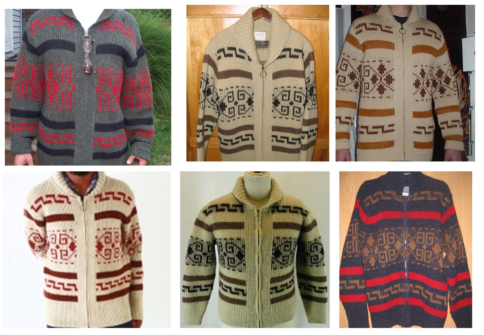 A collage of six photos of vintage Westerley cardigans in a variety of color combinations.