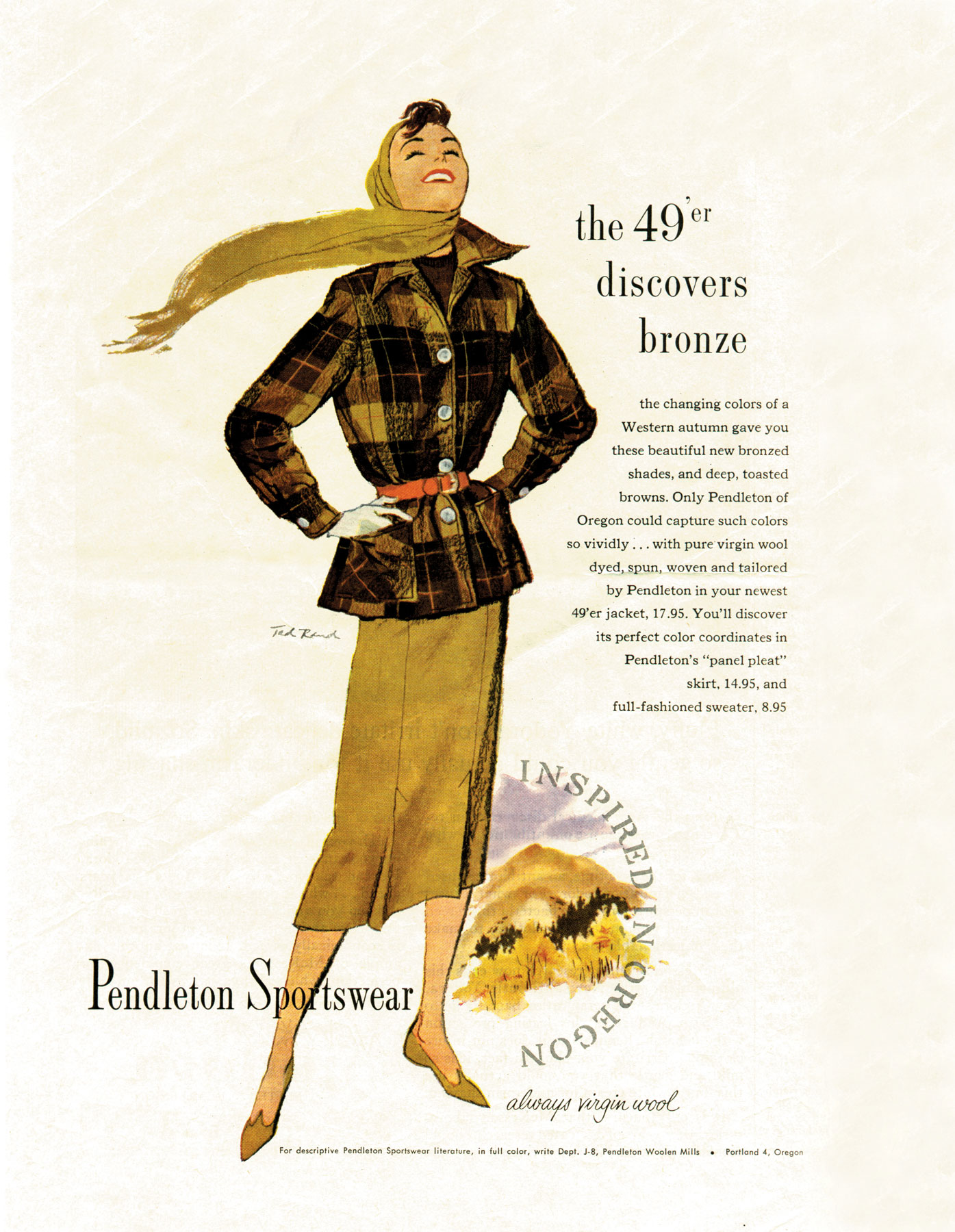 Another classic vintage ad for Pendleton sportswear from 1957, featuring a Pendleton 49'er jacket, art by Ted Rand.