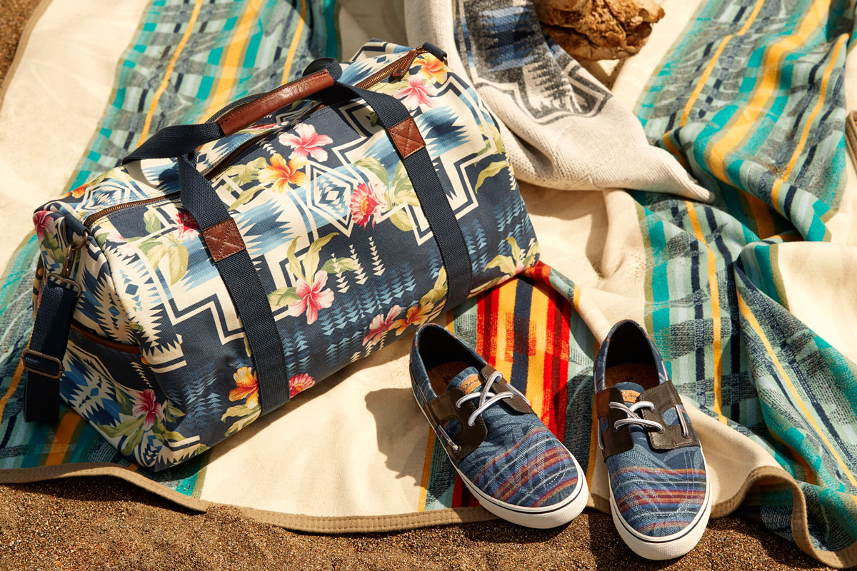 a beach bag, shoes, and a special serape blanket in the Pendleton and Tommy Bahama collaborative line.