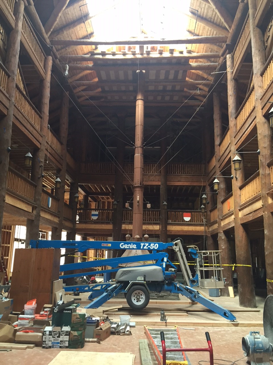 Interior hshot of the Many Glacier Hotel helical stair site, in construction.