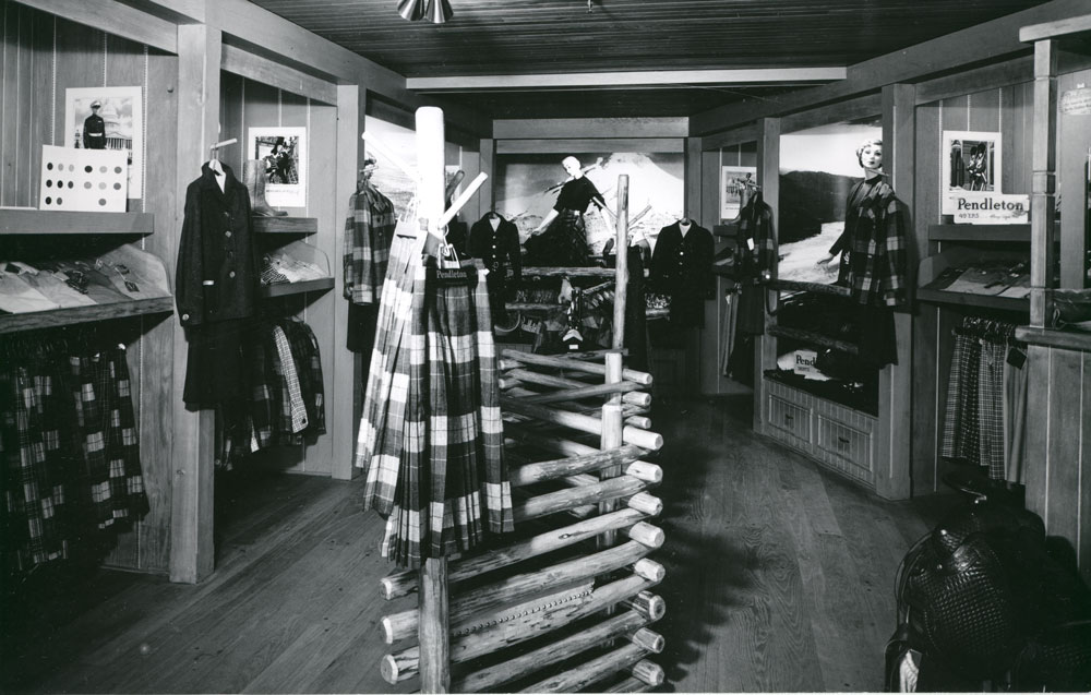 A photo from the Pendleton archives of the Pendleton store in Disneyland: Women's clothes with reversible skirts