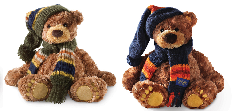 Pendleton teddy bears wearing hats and carves with National Park Stirpes.