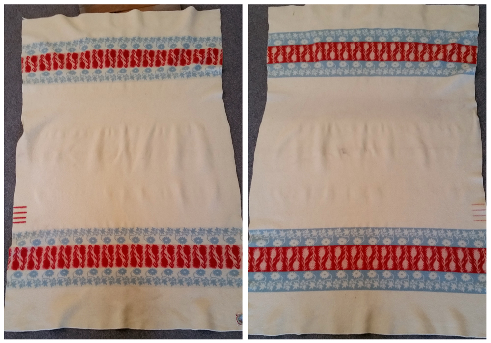 Front and back views of an unusual vintage Rainier National Park blanket, which has bands of wildflowers instead of stripes.