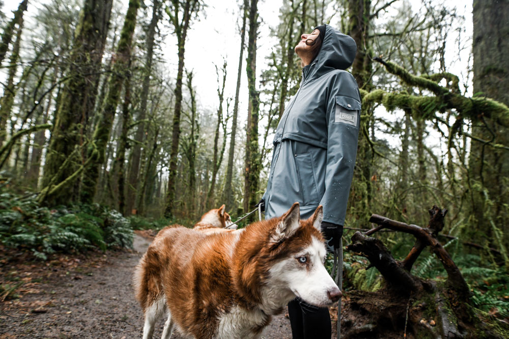 A woman wearing a Pendleton rain slicker walks two Husky dogs in a mossy, ferny forest.