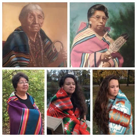 Five generations of Native American women wearing Pendleton blankets