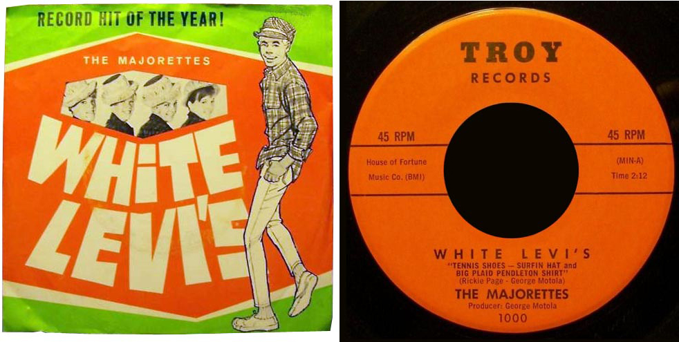 Record and cover for the 45 single of "White Levis" by the Majorettes. The cover shows a drawing of a young man wearing white Levi's and a plaid Pendleton shirt.