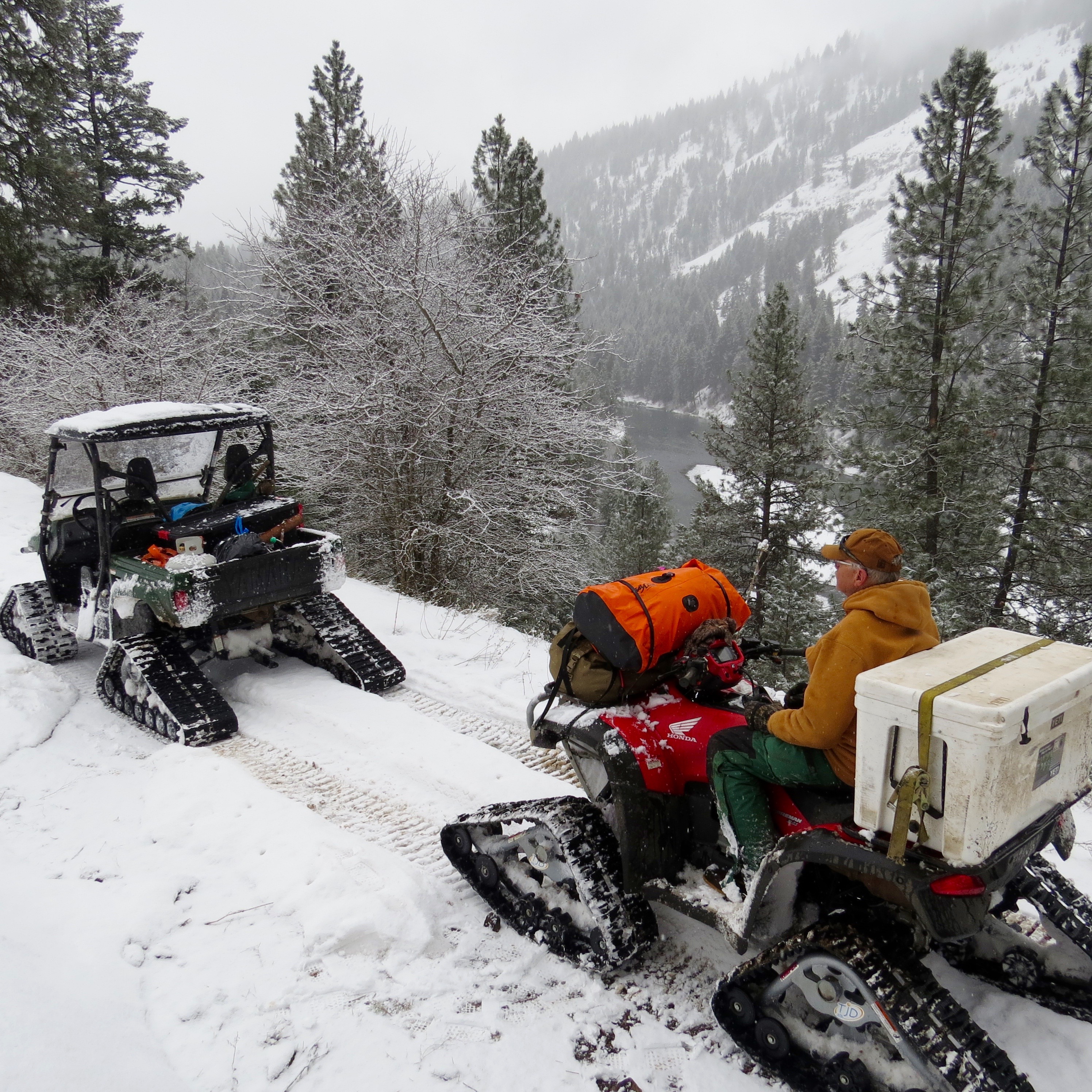 Snowcats on the trail in the Wallowa Range.